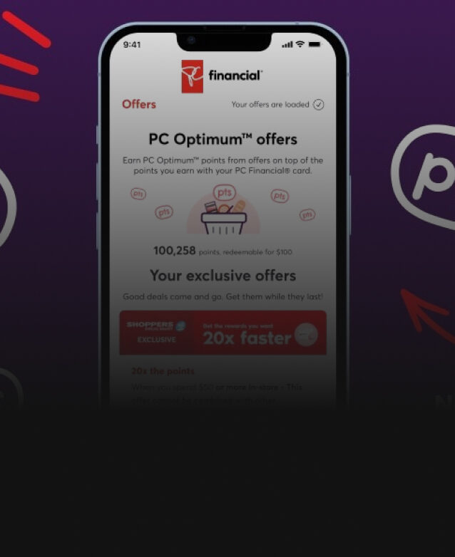Mobile phone showing PC Optimum offers from PC Financial on its screen.