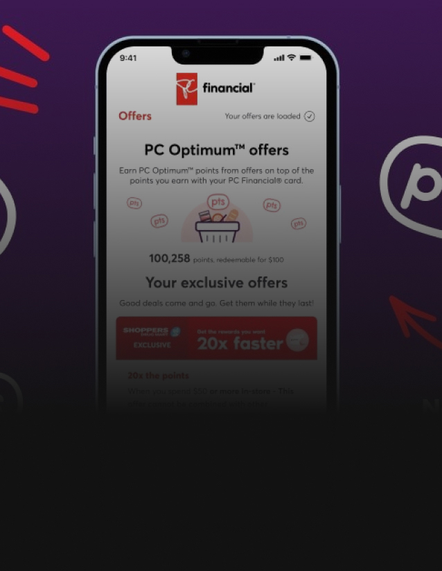Mobile phone showing PC Optimum offers from PC Financial on its screen.