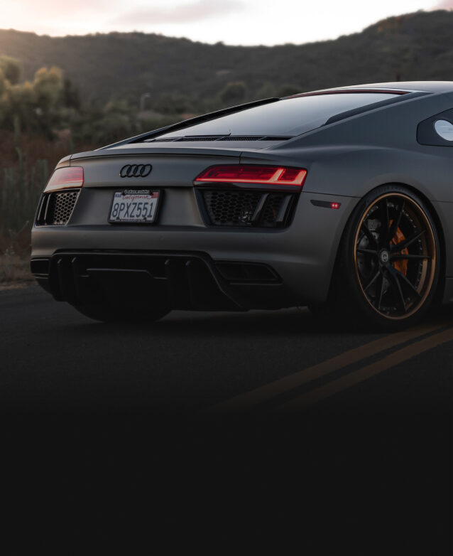 Rear view of an Audi R8 coupe parked in front of a mountain landscape.