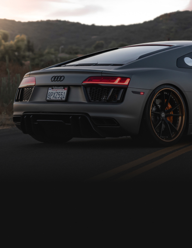 Rear view of an Audi R8 coupe parked in front of a mountain landscape.