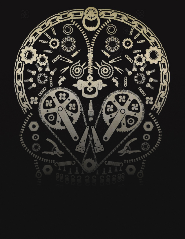 Graphic of a skull design made of gears and chains.