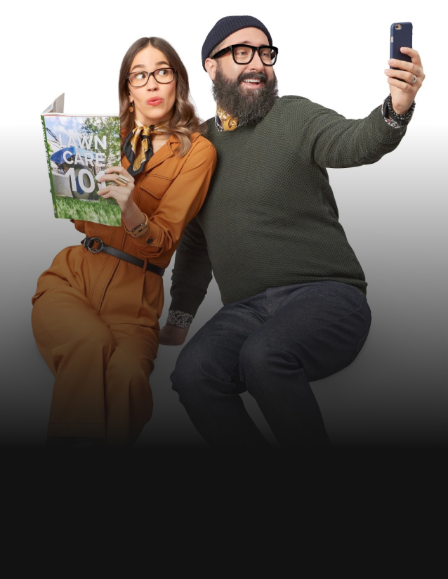 The characters from the BIMM-created Leon's ad, posing for a selfie with a lawn care book.
