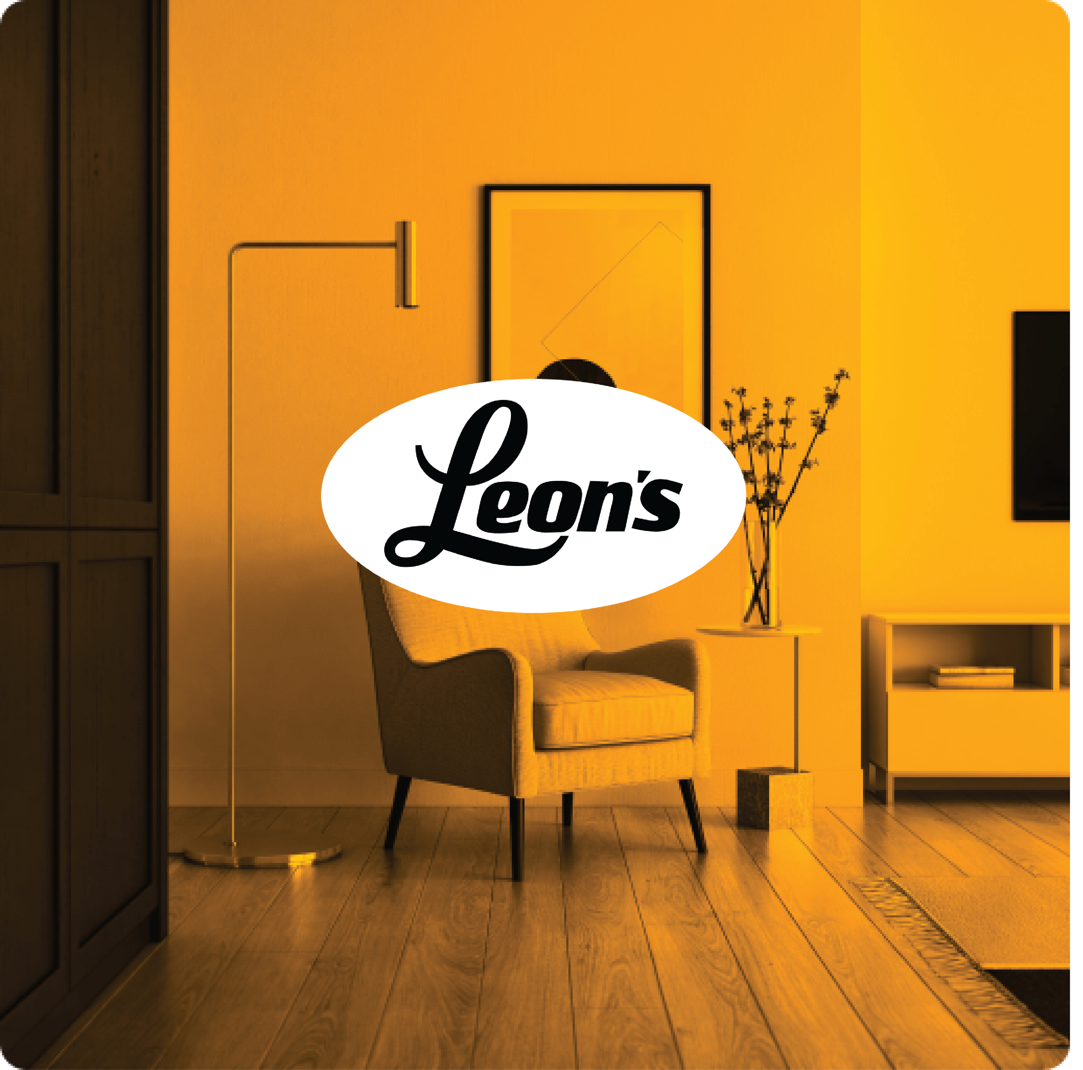 Leon's logo against a background of a living room.