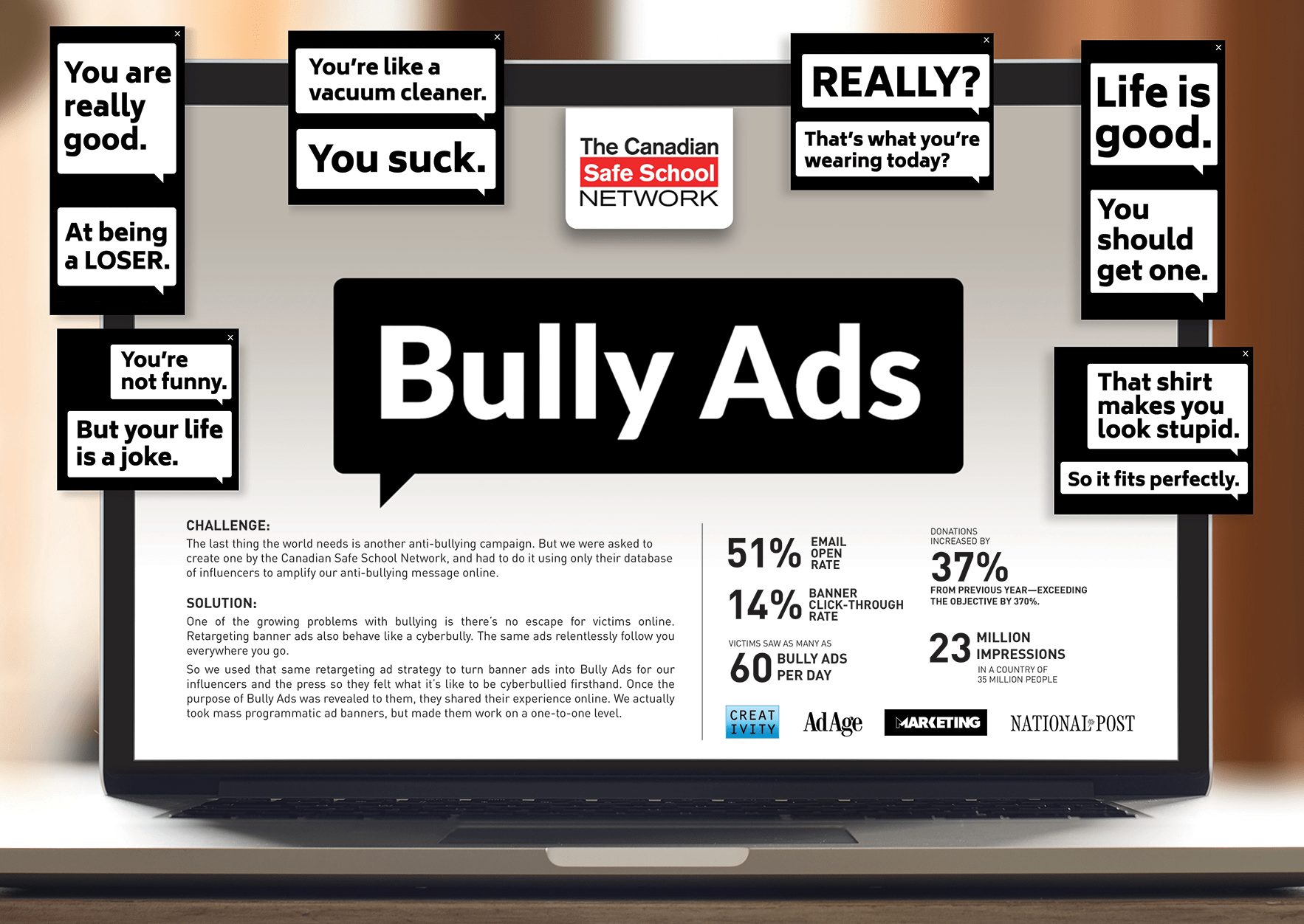 Laptop screen showing a web page explaining how BIMM incorporated Bully Ads for The Canadian Safe Schools Network.